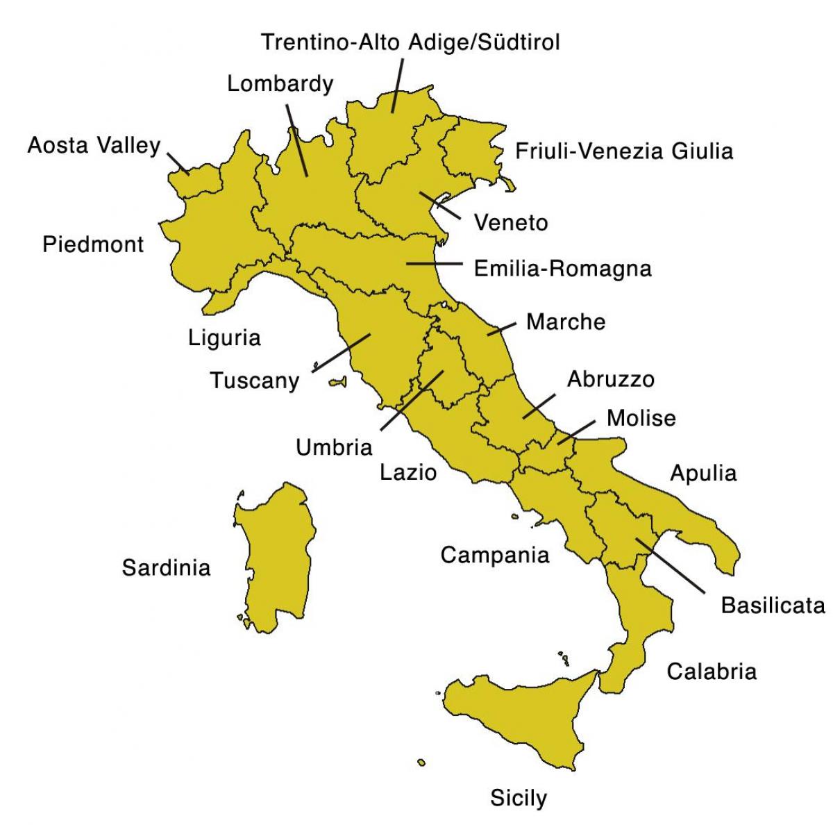 De kaart van de Italiaanse regio's